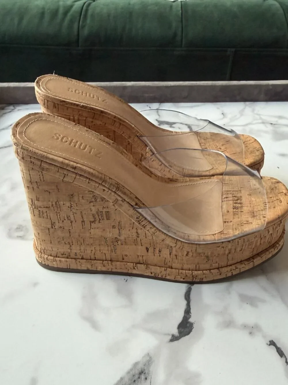 SCHUTZ Dalle Clear Vinyl Cork Platform Wedge Sandals Size 9